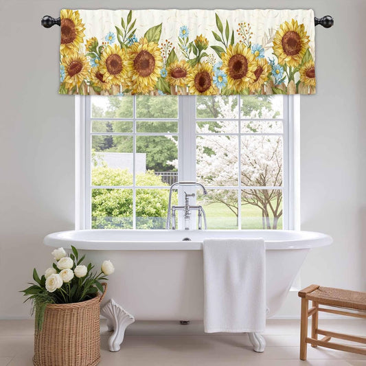 Sunflowers Valance Curtain Watercolor Yellow Blue Floral Farmhouse Semi Sheer Window Treatment Topper Drape 1 Panel 54 x 18 Inch Polyester Kitchen Bedroom Living Room Decor