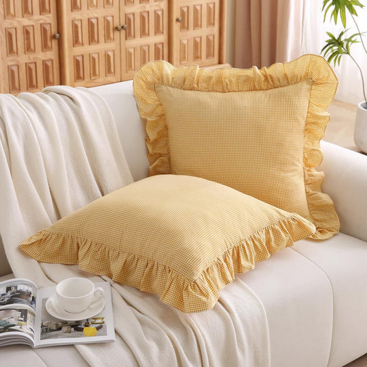 Silnuo Vintage Mustard Plaid Ruffle Throw Pillow Covers 18x18 inches,Washed Cotton Gingham Checkered Yellow Decorative Pillow Shams for Bed,Couch,Sofa