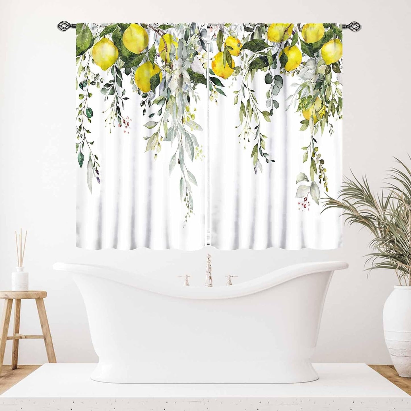 Yellow Lemon Kitchen Window Curtains,Eucalyptus Botanical Leaves Herb Plant Floral Fruit Rural Farmhouse Spring Summer Bedroom Living Room Bathroom 2 Panels,55X39 Inch
