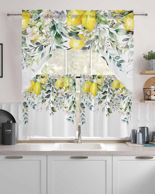 Kitchen Curtains Sets 24 Inch Length with Valance, Lemon Floral Nature Design Swag Valances for Windows and Tiers Curtain Set, Light Filtering Rod Pocket Drapes for Living Room, Cafes