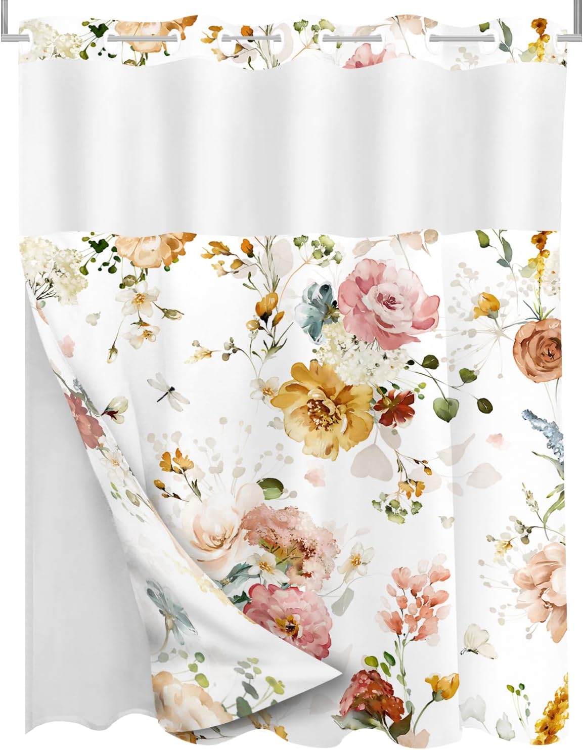 Tititex No Hooks Snap in Liner Rustic Red Yellow Pink Floral Shower Curtain, Hotel Luxury Double Layers Waterproof Fabric & See-Through Top Window Bathroom Decorative 72x72 Inch