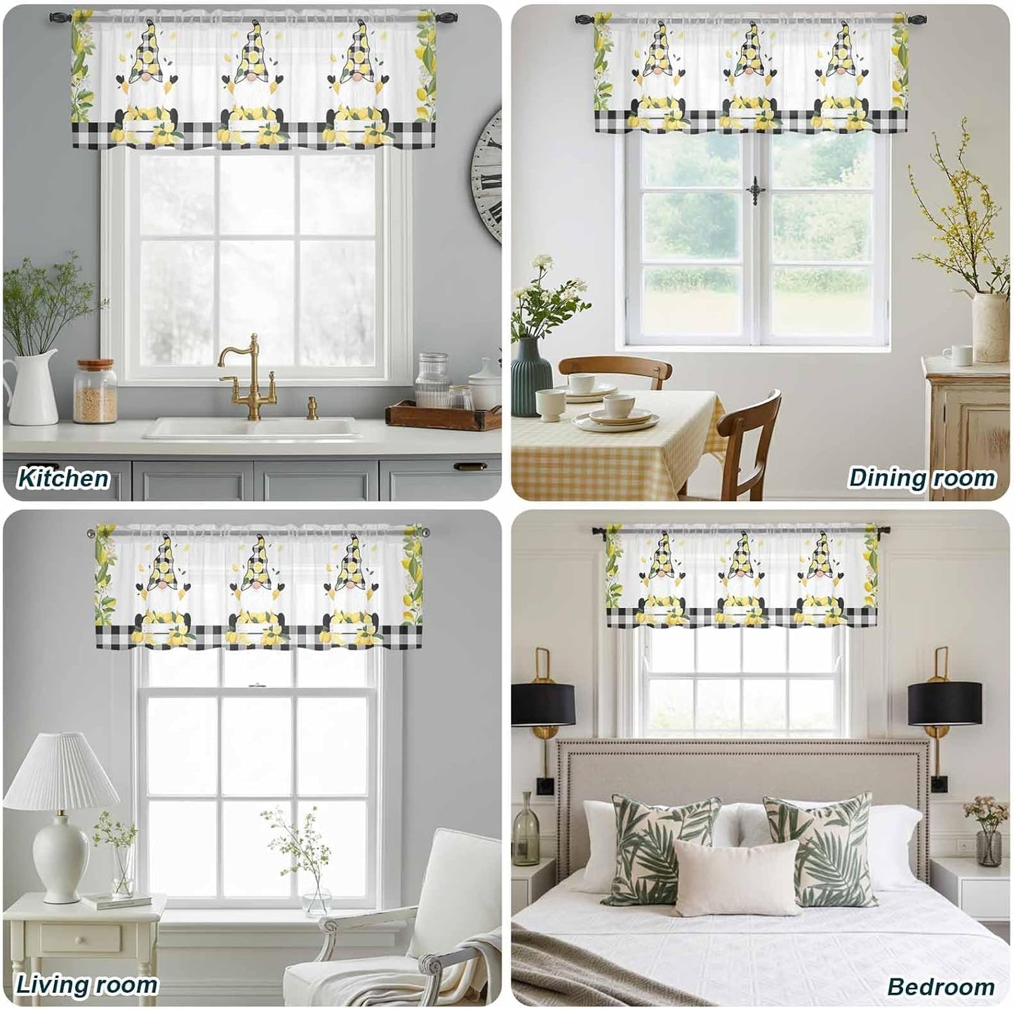 Lemon Gnome Sheer Valance Curtains, Green Leaf Black Plaid Farm Fruit Idyllic Wind Light Filtering Kitchen Valances Rod Pocket Voile Curtain Window Treatment for Bedroom/Living Room/Basement 54Wx18L