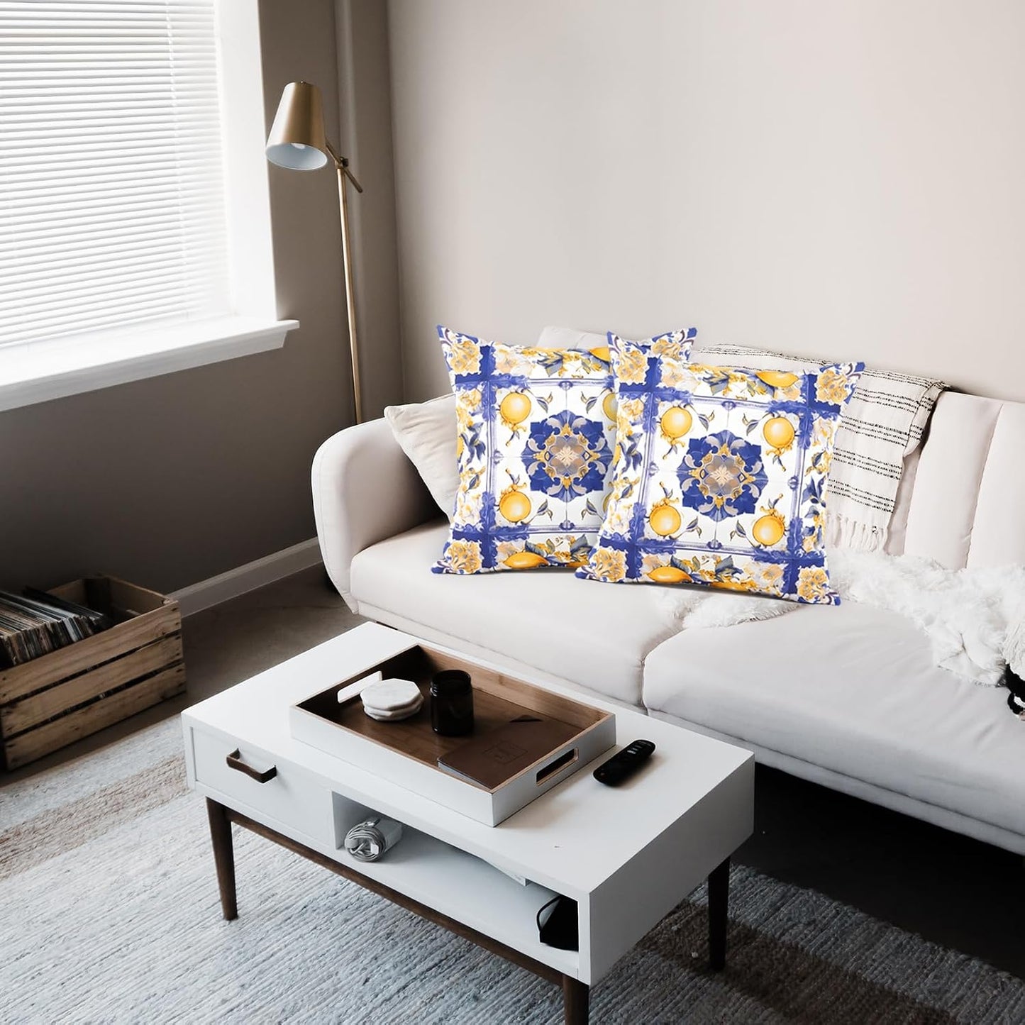 TAJWE Summer Outdoor Pillow Covers 18x18 Inch Set of 2 Italy Lemon Blue and Yellow Decorative Throw Pillowcases Farmhouse Waterproof Square Cushion Cases for Patio Furniture Garden Bench Porch Decor