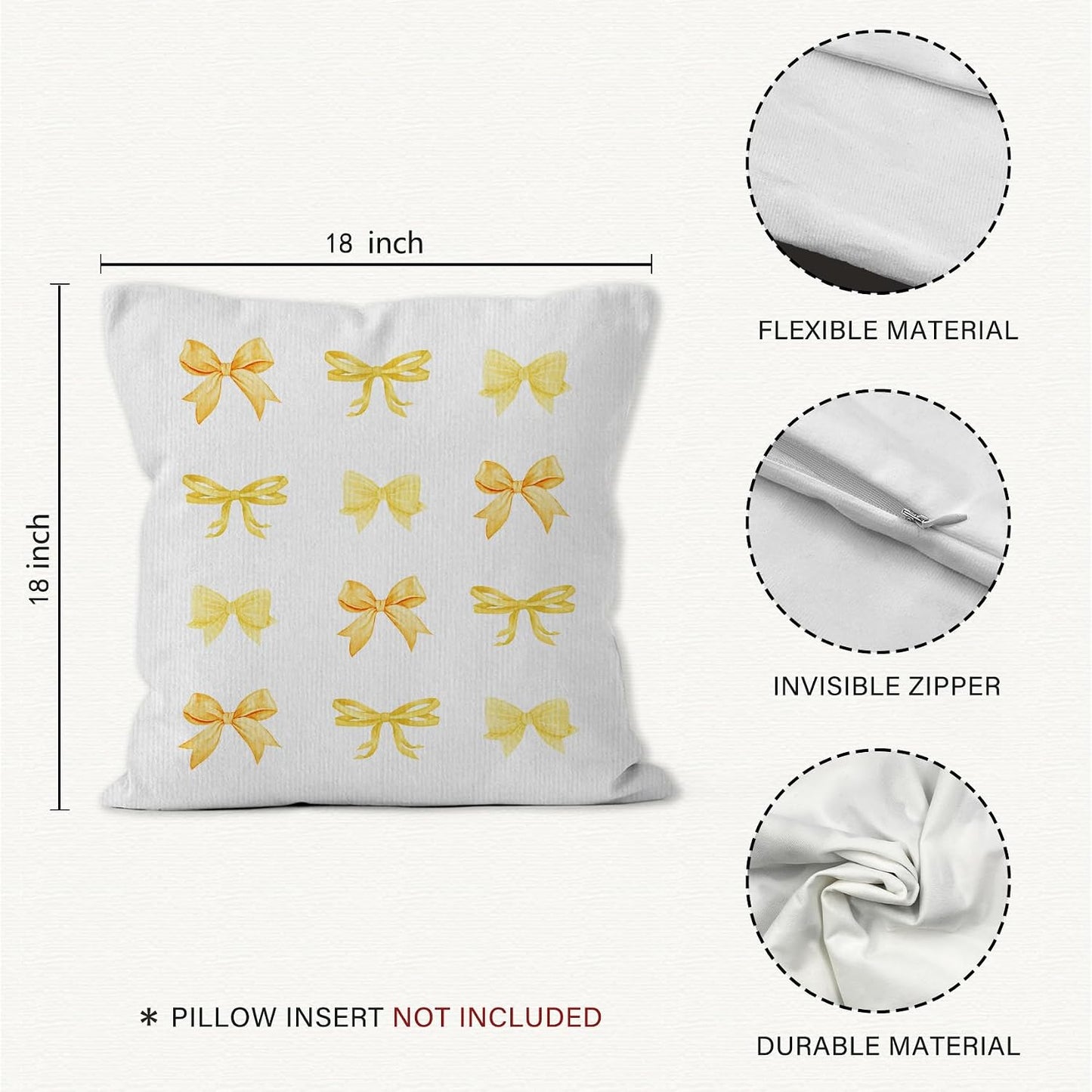 Yellow Bow Throw Pillow Covers, Coquette Pillow Covers, Girly Decorative Pillow Covers for Girls Room Aesthetic, Coquette Room Decor, Bow Room Decor, Preppy Trendy Decor Pillow Covers 18x18
