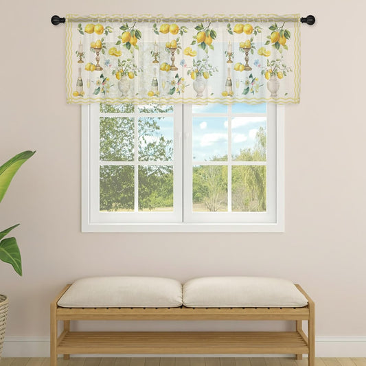 Boho Lemons Sheer Curtains Valances for Windows Summer Vintage Yellow Fruits Flowers Leaf Stripe Chiffon Kitchen Valances for Cafe, Voile Window Treatments Curtains for Living Room Bedroom, 54"x18"