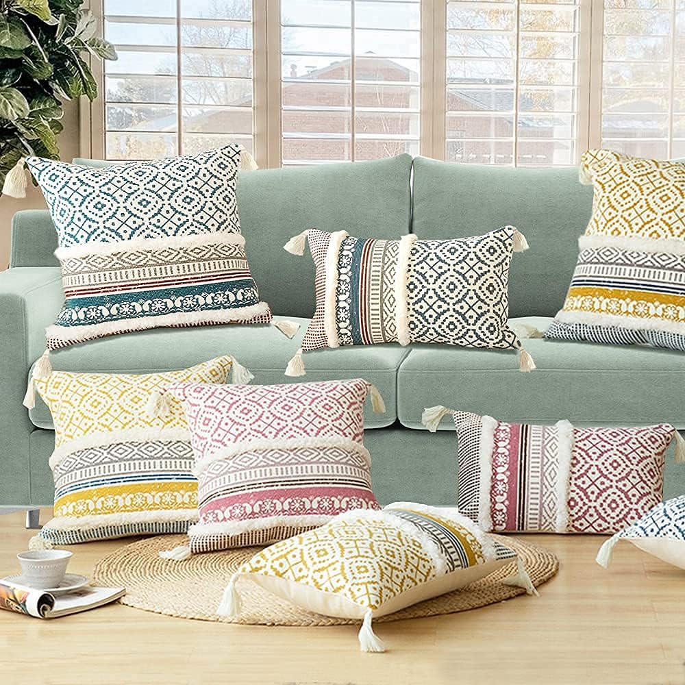 Lumber Boho Throw Pillow Cover for Couch Sofa - Cotton Hand-Woven Tufted Moroccan Decorative Pillowcase with Tassels for Farmhouse Living Room Bedroom Car Hotel - Yellow 12 x 20 Inches