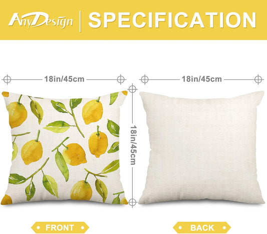 AnyDesign Lemon Throw Pillow Covers 18 x 18 in Summer Farmhouse Decorative Pillow Case Yellow Watercolor Sweet Home Love Cushion Covers for Home Office Sofa, 4 Pack