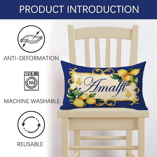 Italy Capri Blue Lemon Lumbar Decorative Throw Pillow Cover 12 x 20, Rectangular Italian Amalfi Coast Citrus Porch Outdoor Home Decor, Summer Mediterranean Sofa Couch Cushion Case