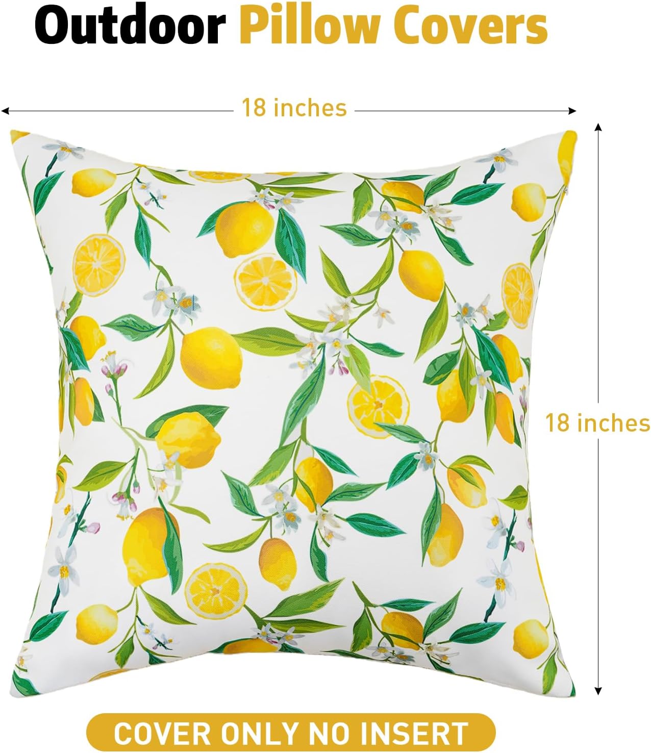 SquarePie Outdoor Pillow Covers 18x18 Inch Set of 2 - Waterproof Lemon Square Cushion Covers for Patio Garden Furniture, Summer Yellow Citrus Decorative Throw Pillow Cases for Couch Sofa Balcony Bench
