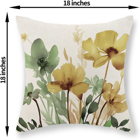 Floral Pillow Covers 18x18 Set of 2 Yellow Sage Green Throw Pillows Vintage Spring Flowers Seasonal Decorative Summer Outdoor Pillow Cases Farmhouse Linen Cushion Cover for Couch Home Decor
