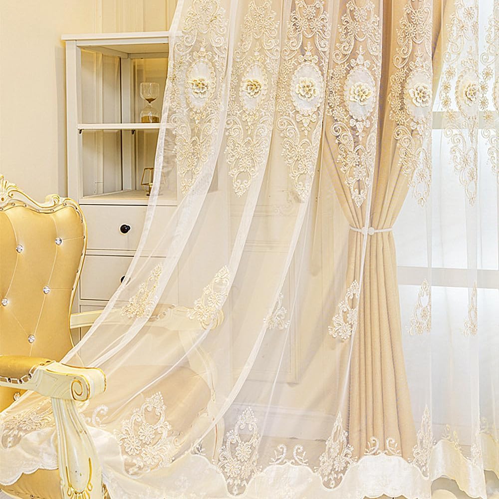 Amidoudou 1 Pair European Double Layer Curtains with Valance for Living Room Bedroom Luxury 3D Flower Embroidered Curtains (Yellow,51x96 Inch)