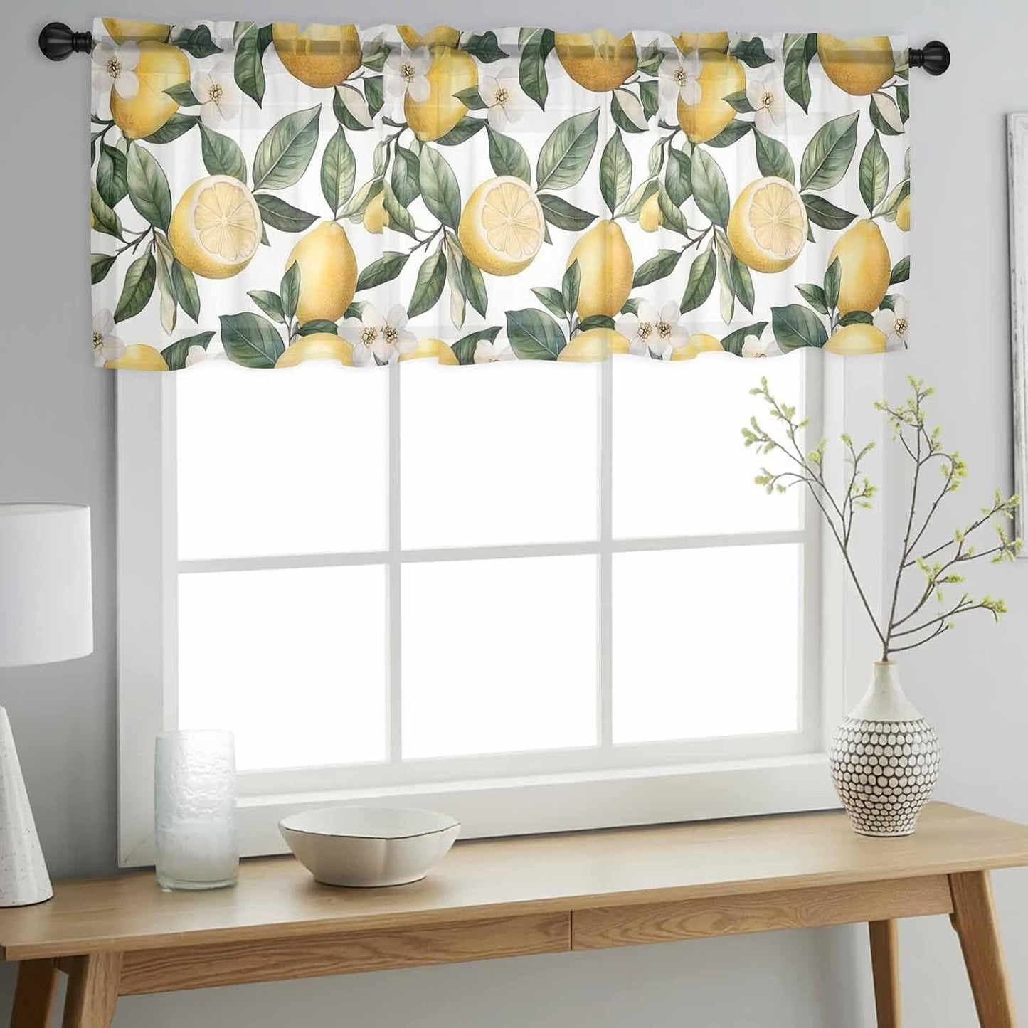 Summer Lemon Sheer Curtain 18 Inch Long Flower Leaves Light Filtering Rod Pocket Voile Curtain Valance for Bedroom Kitchen Cafe Window 54" W x 18" L