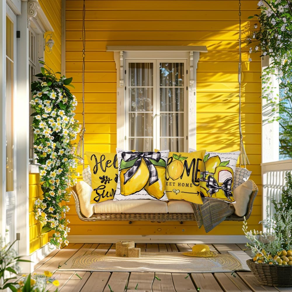 DIYDEC 4PCS Summer Pillow Covers 18x18 inch Hello Summer Throw Pillow Covers Yellow Lemon Truck Pillow Cases Sweet Home Decor Cushion for Holiday Farmhouse Home Sofa Couch