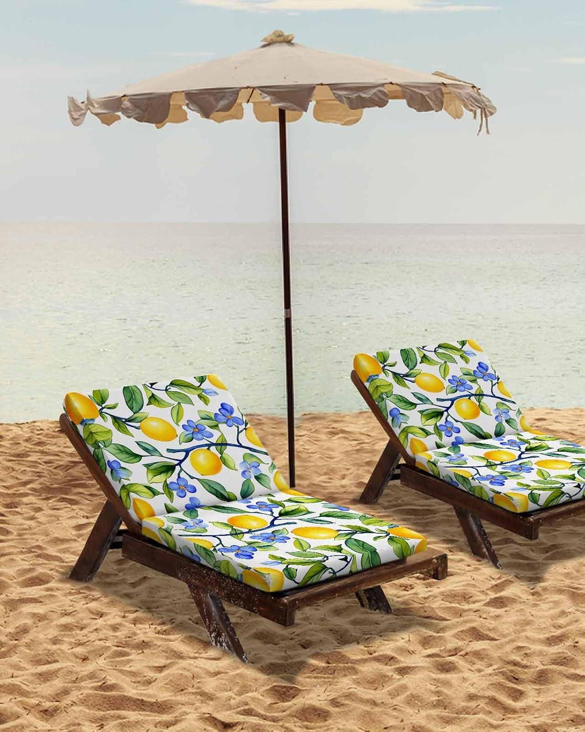 2 PCS Stretch Patio Outdoor Cushion Covers Watercolor Summer Lemon on White Sofa Couch Seat Chair Slipcovers for Garden,Green Leaves Waterproof Cushion Cover Replacement Furniture Protector