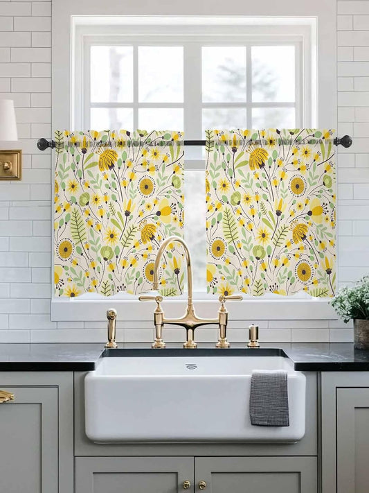Yellow Abstract Botanical Sheer Kitchen Tier Curtains 24 inch length, Farmhouse Seasonal Garden Floral Window Valances, Spring Flowers Rod Pocket Short Curtains for Small Windows 27.5"x24" 2 Panels