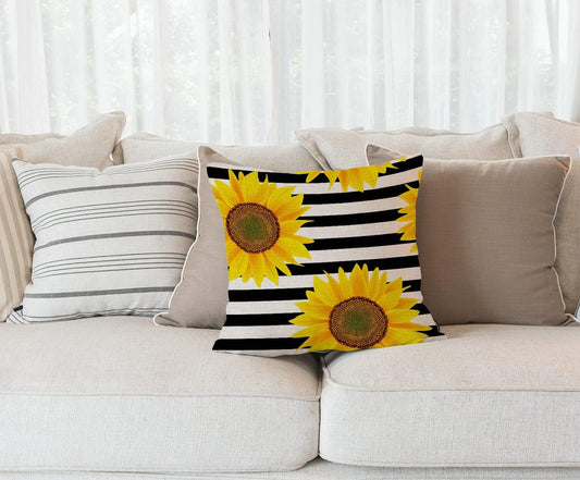 Solekla Black and White Striped Sunflower Creative Yellow Decorative Throw Pillow Cover Cotton Linen Throw Pillow Case Cushion Cover Home Décor Sofa Decorative Pillow 18 X 18 Inch