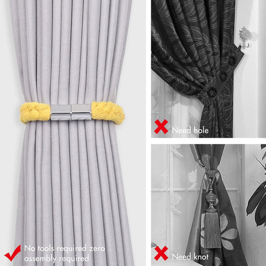 NICEEC 2 Pack Twisted Braid Rope Magnetic Curtain Tiebacks Elegant Hand-Woven Style Drape Tie Backs Soft Natural Cotton Rope Curtain Holdbacks for Home & Office Window Draperies (Yellow)