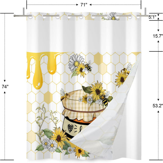 No Hook Bee Shower Curtain with Snap for Bathroom 71x74 Inch Cute Yellow Sunflower Shower Curtains in Liner Set Honey Jar Waterproof Fabric Double Layers Washable for Hotel Decorative
