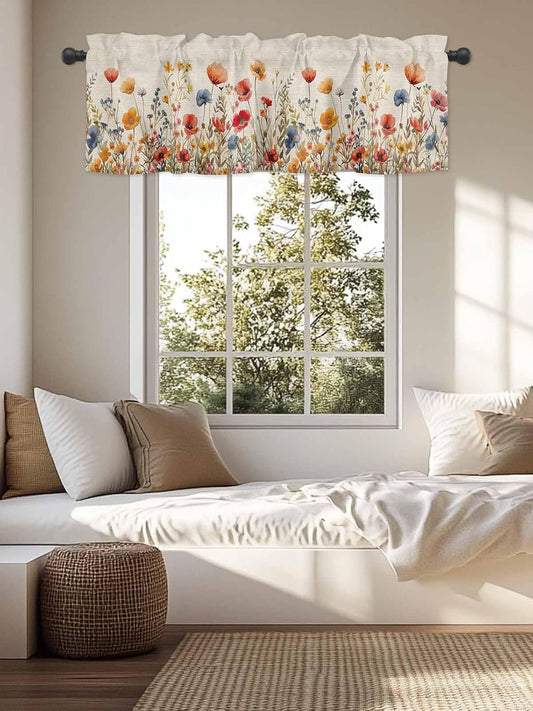 Valance for Windows Yellow and Red Poppy Watercolor Floral Plants Retro Linen Light Filtering Small Window Treatment Rod Pocket Short Curtain Valance for Kitchen Bathroom Living Room Bedroom 42x18in