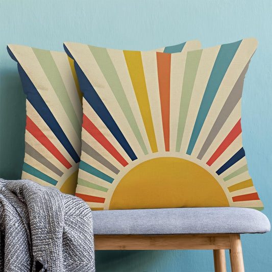 Summer Pillow Covers 18 x 18 Inch Set of 2 Rainbow Sun Throw Pillows Outdoor Decorative Boho Colorful Stripes Sunshine Yellow Sunrise Pillowcases Linen Cushion Cases for Bed Sofa Couch