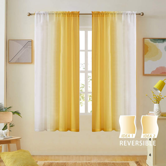 Ombre Faux Linen Sheer Curtains for Bedroom Living Room Rod Pocket, Privacy and Light Filtering, 2 Tone Reversible Gradient Voile Semi Window Curtains, Set of 2 Panels, Yellow, 54 x 63 Inch Length