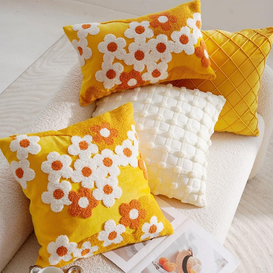 Tufted Yellow Flower Throw Pillow Cover 18x18in,Boho Floral Embroidered Pillow Cover,Summer Decorative Coushion Cover for Couch, Sofa, Bed, Living Room,Bedroom