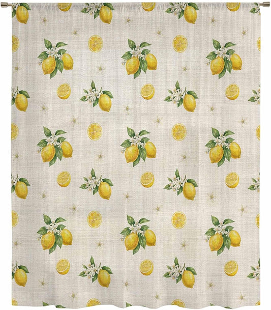 Sheer Curtains 63 Inches Long for Living Room/Bedroom, Cute Lemon Summer Rod Pocket Voile Kitchen Curtains & Drapes Window Treatment 1 Panel, 52"W x 63"L Farmhouse Floral Retro Linen Texture