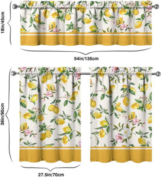 Lemon Kitchen Curtain Valance 3 Piece Set,Lemon Floral Yellow Spring Summer Kitchen Decor for Home Interior Decor,Farmhouse Curtains and Valance Set Short Curtain Sink Window Decor 36 Inch