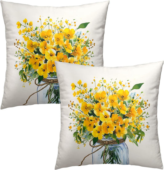 Yellow Flower Throw Pillow Cover 18x18inch 2 Packs Spring Watercolor Floral Jar Vase Cotton Cushion Case Summer Seasonal Farmhouse Pillowcase for Sofa Couch Home Patio