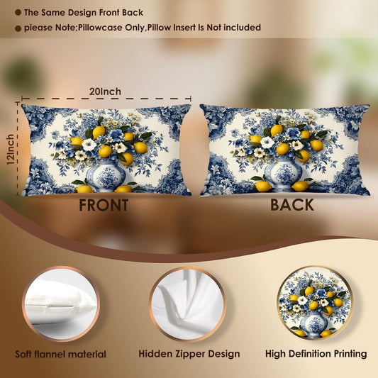 Mediterranean Italian Lemon Lumbar Pillow Covers 12x20 Set of 2, Amalfi Coast Blue and White Floral Bow Yellow Lemon Decorative Throw Pillow Covers Cases for Couch Bed Home Room Bedroom