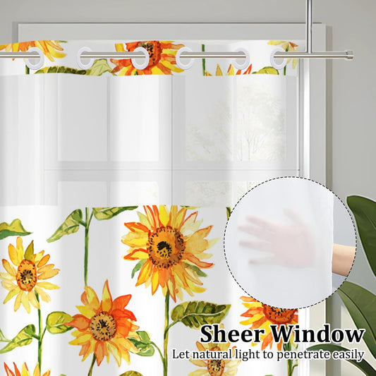 No Hook Shower Curtain with Snap in Liner Set Rustic Vintage Sunflower Bath Curtain Double Layers Waterproof Washable Fabric with See Through Mesh Top Window for Bathroom Hotel 71x74 Inch