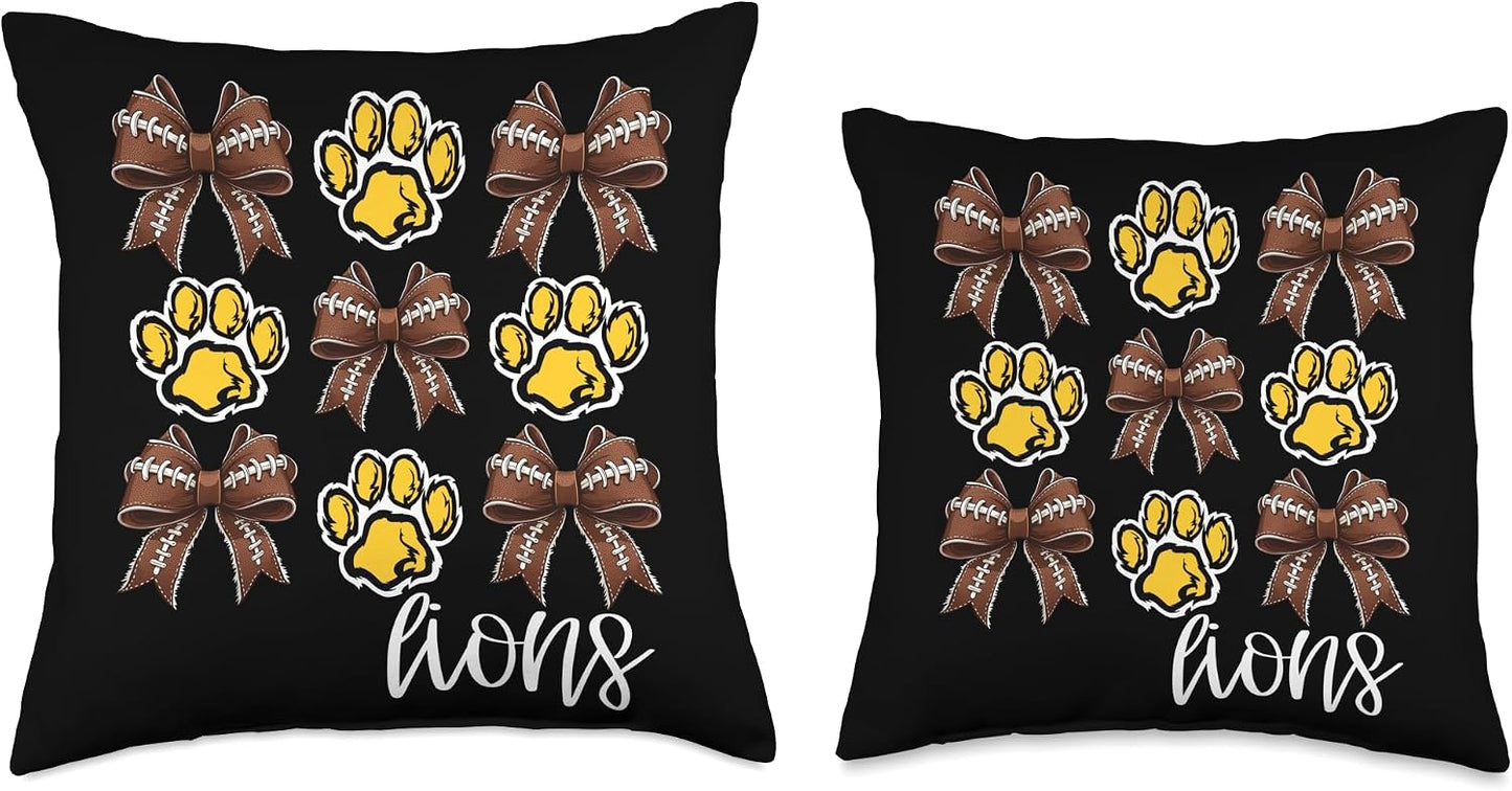 Lions Paw Print Game Day Football Coquette Bow Yellow Lion Throw Pillow