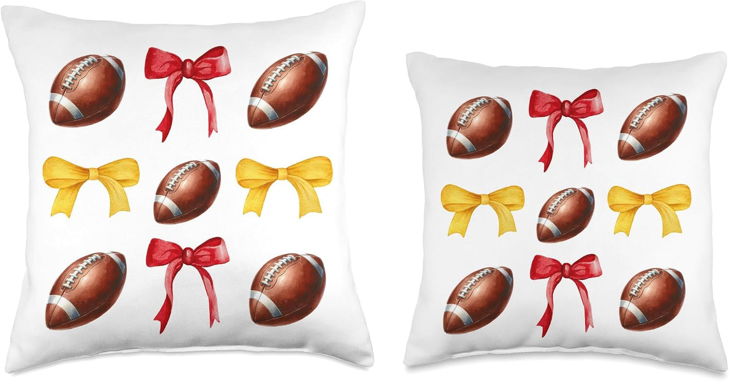 Footballs & Red & Yellow Gold Bows Girls Football Season Throw Pillow
