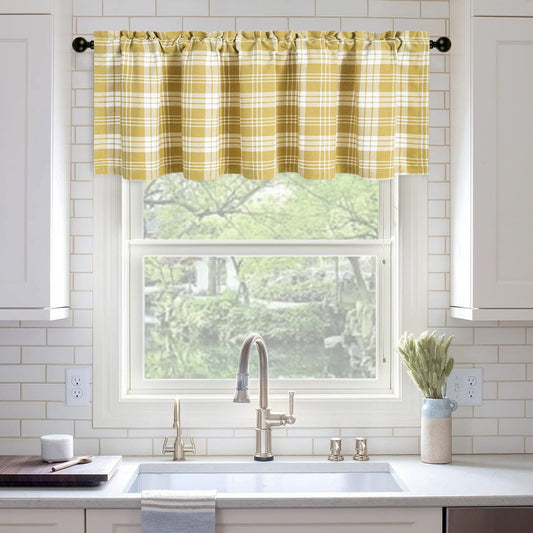 VOGOL Yellow Buffalo Check Kitchen Valances for Windows, 52 x 18, 1 Panel | Classic Checked Pattern, Cheerful Kitchen Accent, Rod Pocket Top, for Cafe or Bathroom Windows