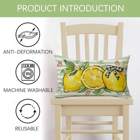 Spring Summer Lemon Lumbar Decorative Throw Pillow Cover 12 x 20, Rectangular Citrus Fruit Plaid Bow Outdoor Home Decor, Green Striped Butterfly Farmhouse Sofa Couch Cushion Case
