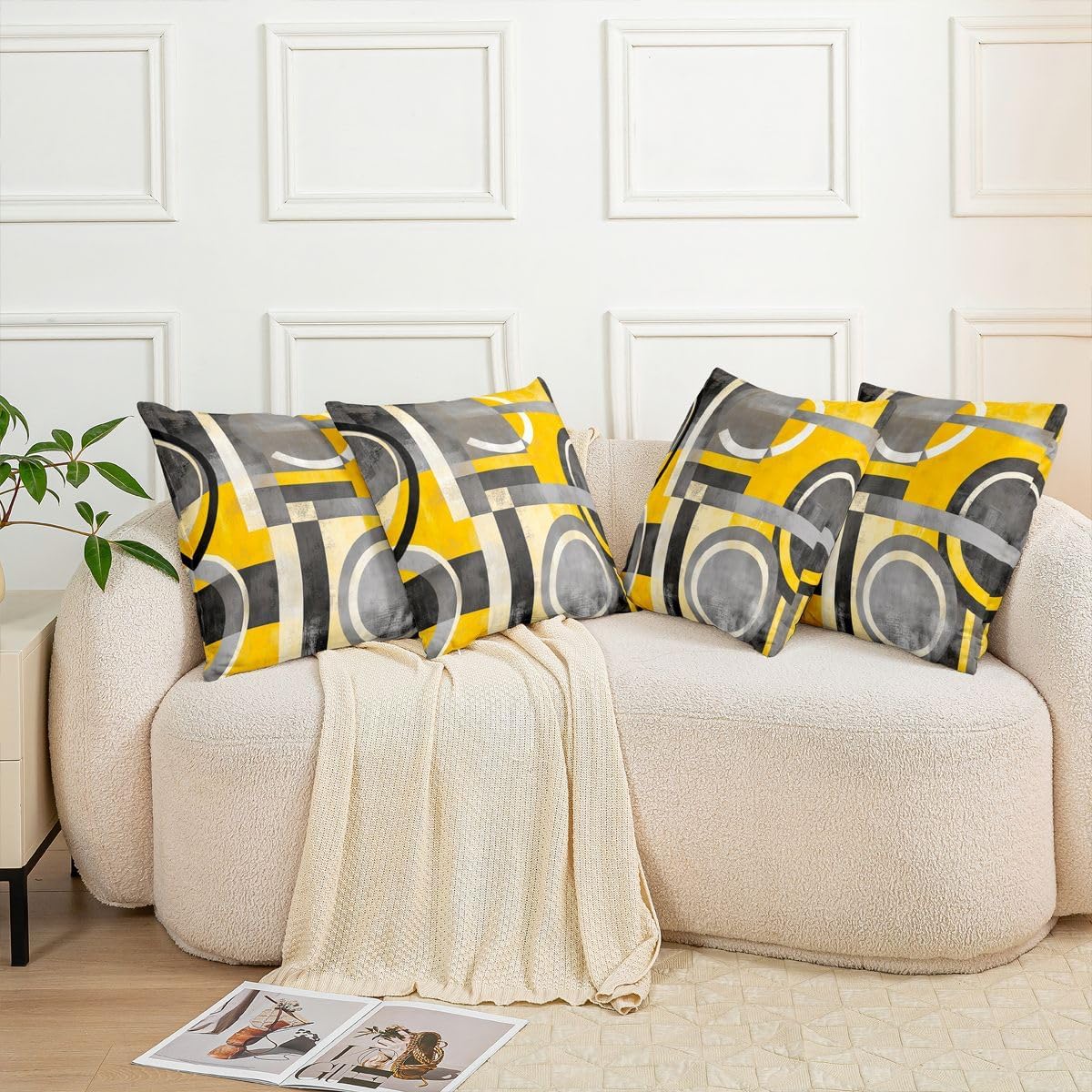 Feelyou Yellow Grey Circle Geometric Reversible Throw Pillow Covers,Geometric Pillow Covers Home Decor Stripe Line Square Cushion Covers Set of 2 for Bed Sofa Couch,Modern Abstract Art 16 x 16-Inch