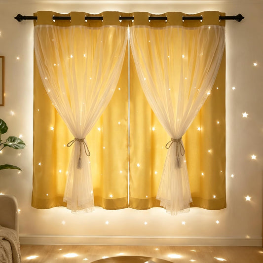 Decorative Star Cut-Out Blackout Curtains 2 Layer Blackout Kids Curtain for Girls Bedroom Noise Reducing Thermal Insulated Drape for Living Room/Classroom 42" W x 72" L Yellow 2 Panels