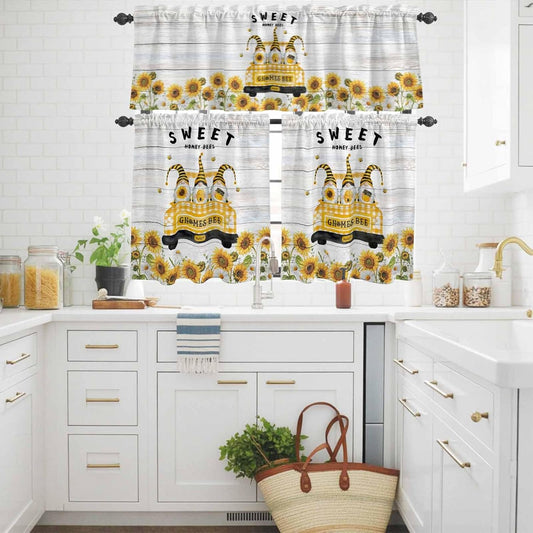 Gnomes Sunflowers Kitchen Curtains Set, Tier Curtain 36 Inches Length, Country Yellow Floral Bees Farmhouse Wooden Window Treatment Valance and Tiers Set Decor for Living Room/Bedroom