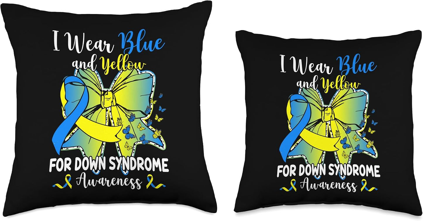 Coquette Bow Butterfly I Wear Blue and Yellow Down Syndrome Throw Pillow