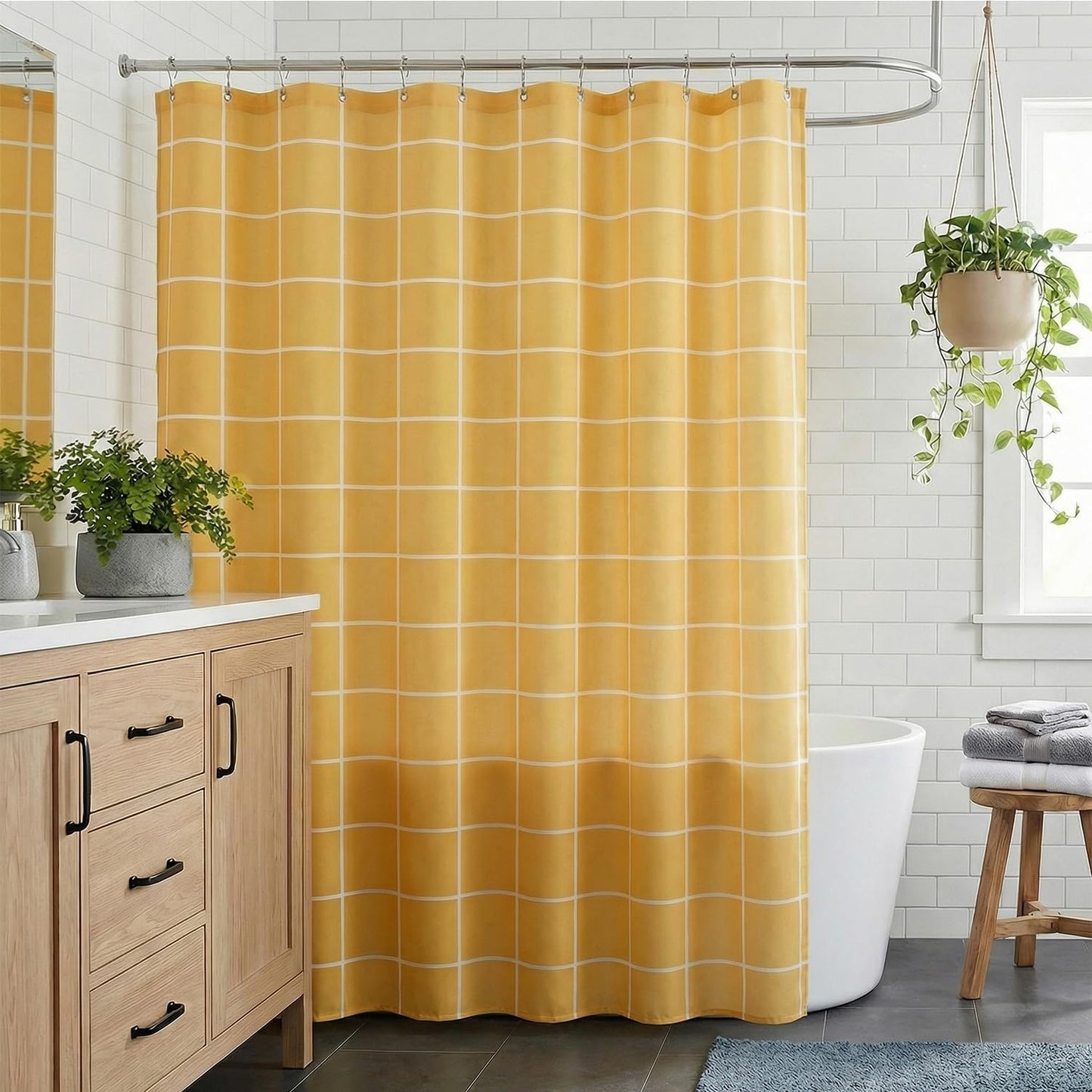 3 in 1 Shower Curtain Set, Checkered Minimalist Shower Curtain and PEVA Liner Sets swith 12 Metal Double Sided Shower Curtain Hooks, White Line Simple Modern Shower Curtain for Bathroom, 72x72, Yellow