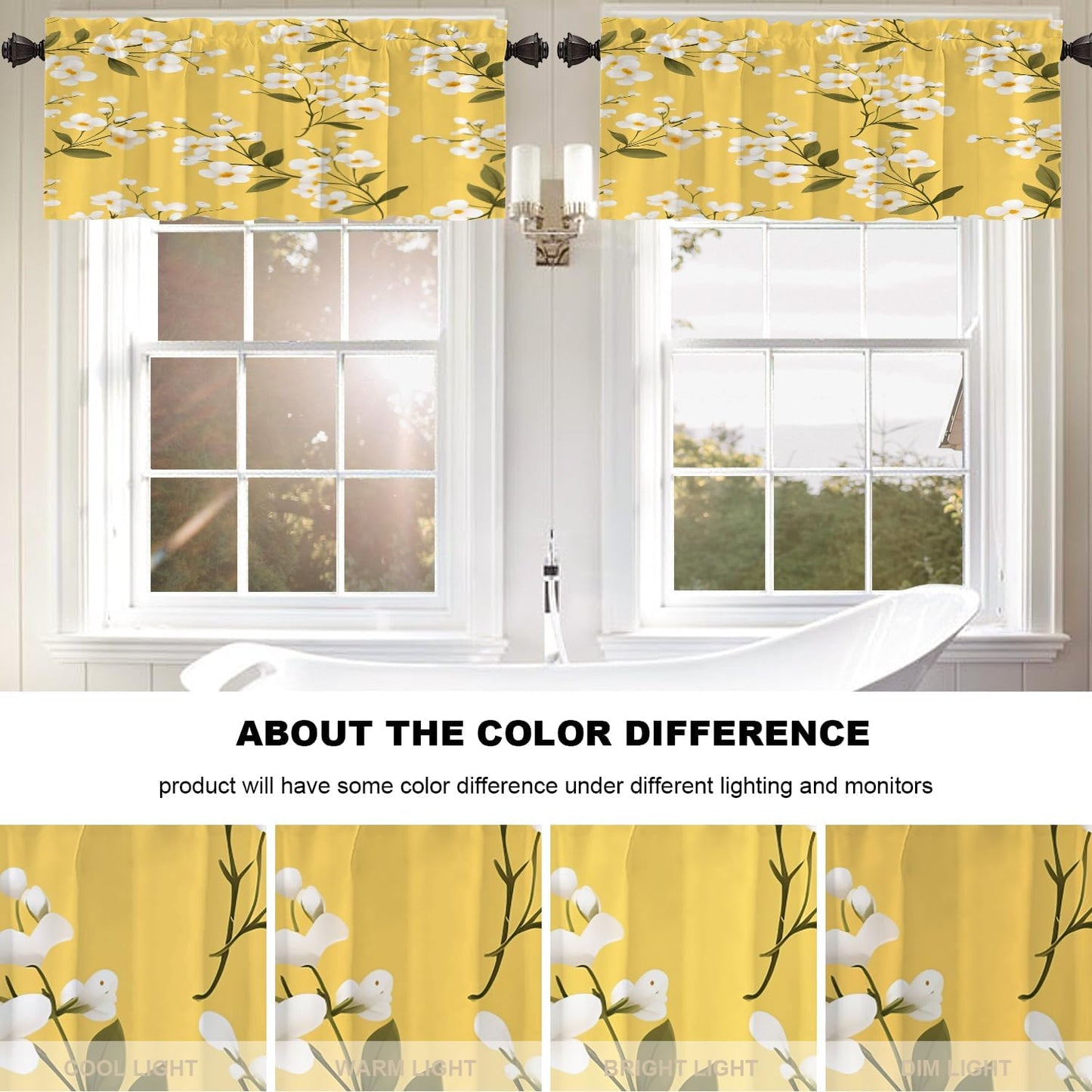 White Flowers On Yellow Blackout Kitchen Curtain, Floral with White Blooms Window Treatment Rod Pocket Light Filtering Bathroom Short Valance 2 Pack 52X18 Inches