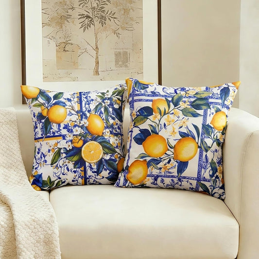 ONWAY Lemon Summer Outdoor Pillow Covers 18x18 Inch Set of 2 Italian Boho Chinoiserie Style Farmhouse Decorative Patio Waterproof Cushion Case for Sofa Couch Home Decor