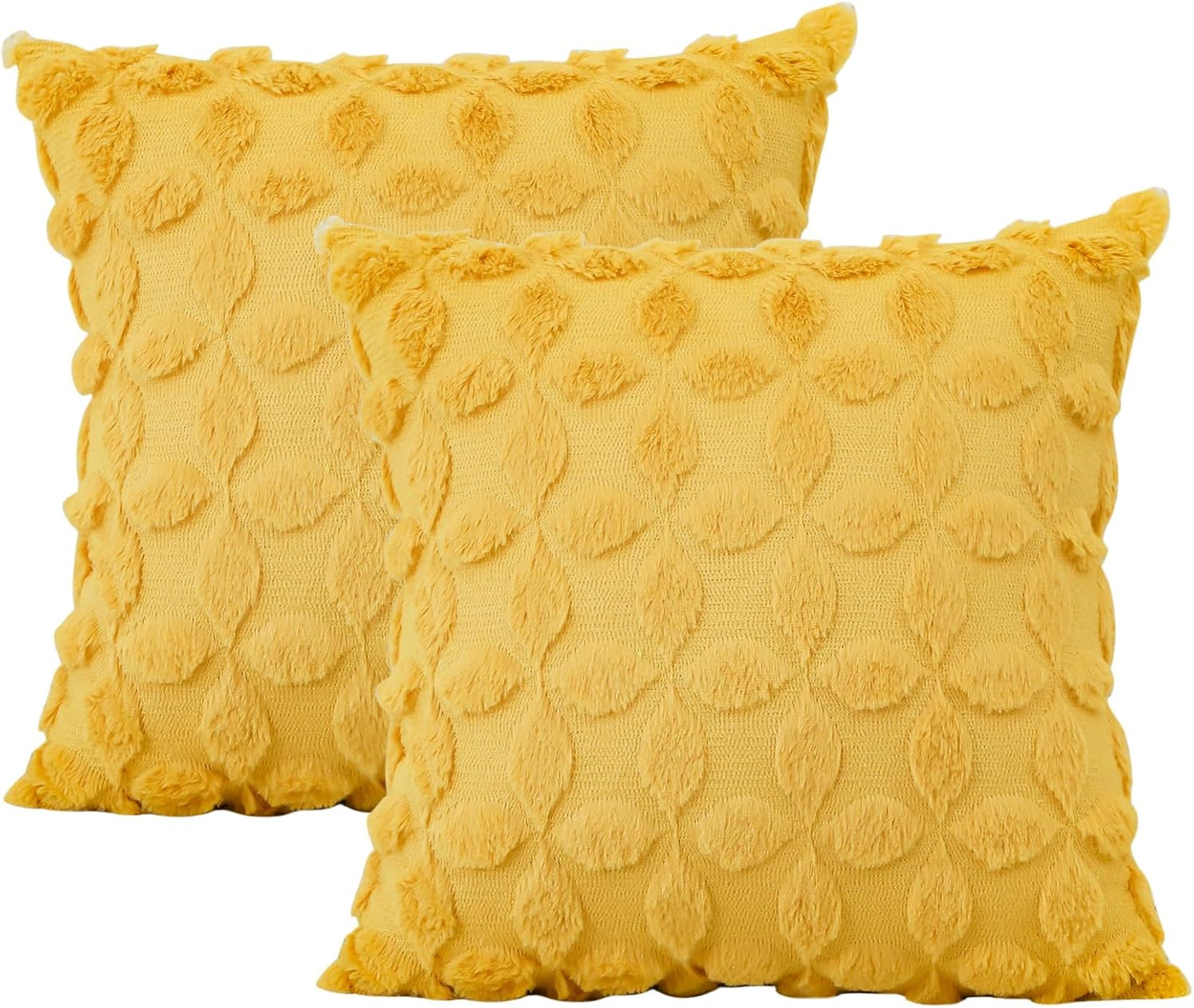 OTOSTAR Set of 2 Soft Plush Short Wool Velvet Decorative Throw Pillow Covers with 3D Flower Pattern Cushion Covers - Couch Sofa Pillow Covers for Living Room - Yellow 18x18 Inch