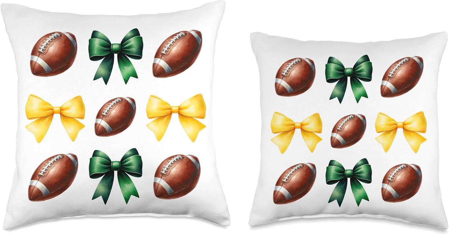 Green & Yellow Gold Footballs & Bows Fall Football Season Throw Pillow
