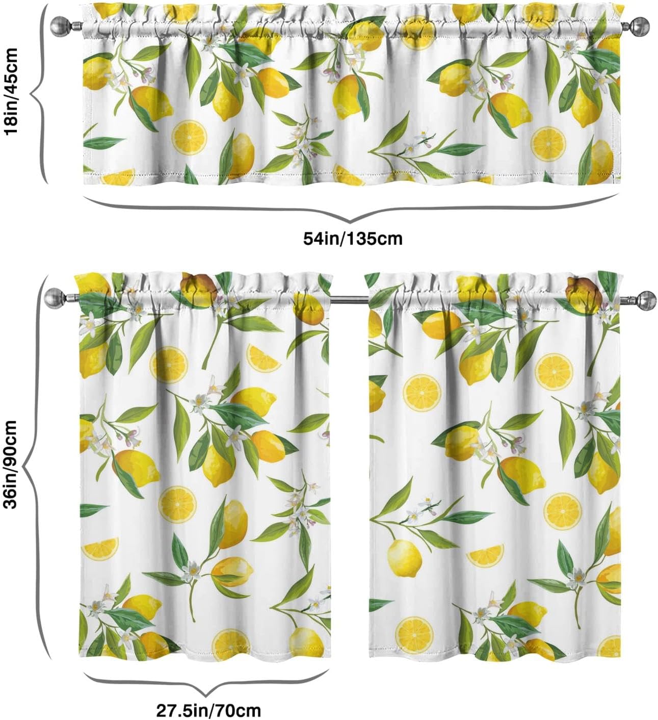 Lemon Curtains, Farmhouse Kitchen Sink Window Valance 3 Piece Set, Living Room Decor 54x36 Inches