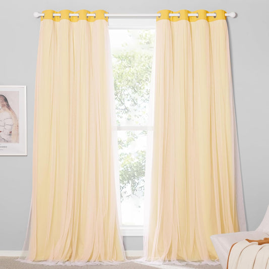 PONY DANCE Lemon Yellow Blakcout Curtains with White Sheer Overlay for Bedroom, Double Layer Grommet Drapes 84 Inches Long for Nursery/Living Room, 2 Panels Set with 4 Tiebacks, 52" W x 84" L
