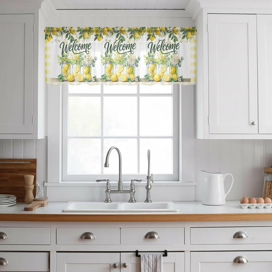 Summer Lemon Sheer Curtains Valances for Windows Yellow Plaid Fruits Floral Botanical Chiffon Kitchen Valances for Cafe, Rod Pocket Voile Window Treatments Curtains for Living Room Bedroom, 54"x18"