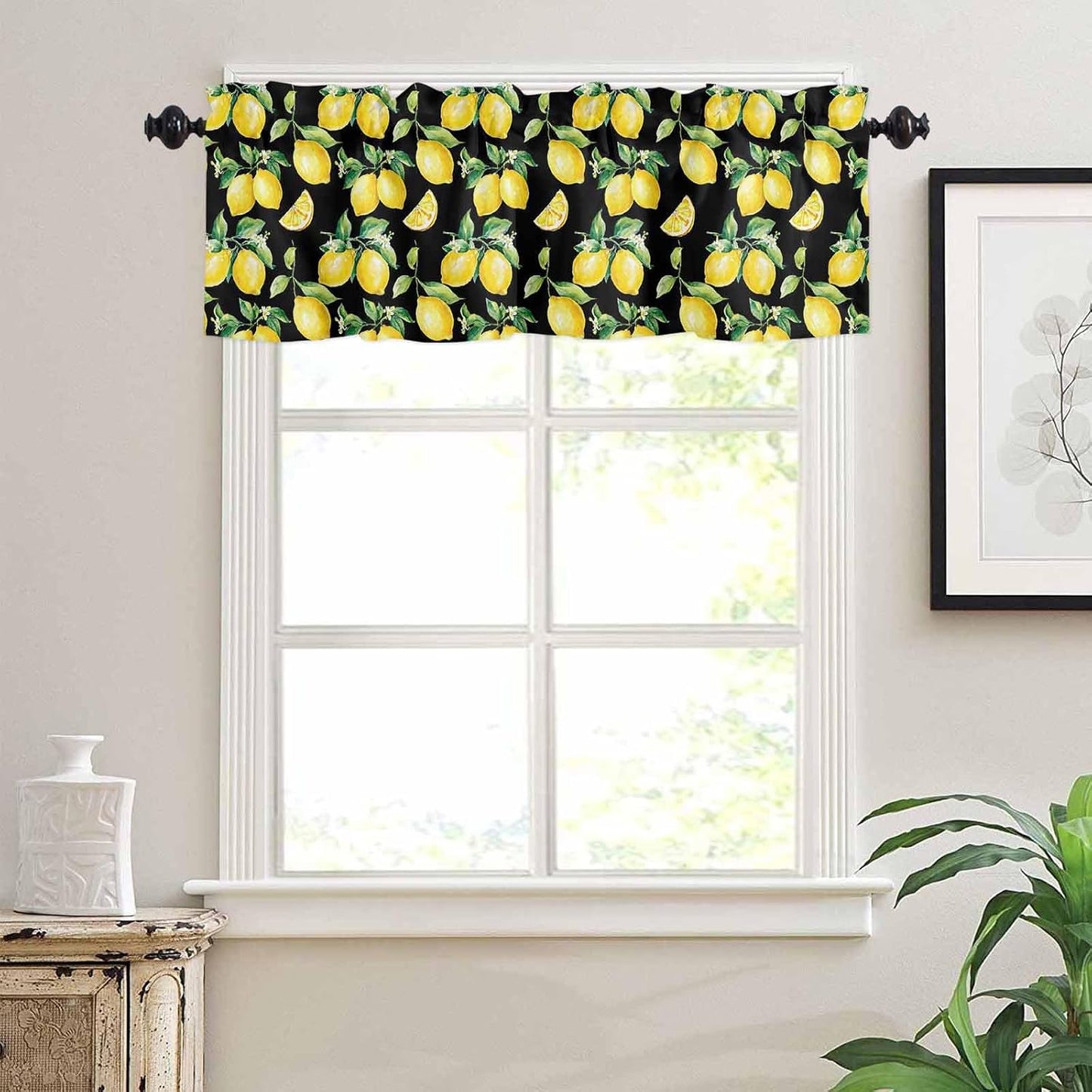 Semi Sheer Kitchen Curtains and Valances Set Summer Yellow Lemon Watercolor Style Black Valance and Tier Curtains 3 Piece, Rod Pocket Window Valances Short Drapes for Bedroom Living Room