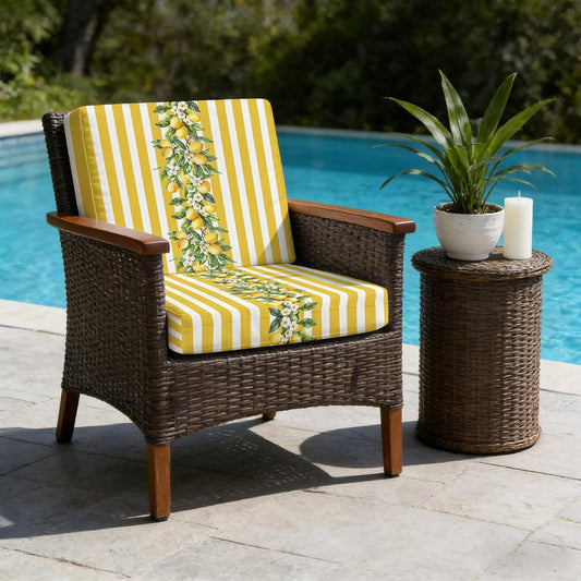 Outdoor Patio Cushion Covers 2 Pack Yellow Lemon Stripes Chair Pads Slipcovers with Ties Waterproof Floral Fruit Leaves Seat Cushion Covers for Outdoor Furniture Protector Couch Sofa 22x20 Inch