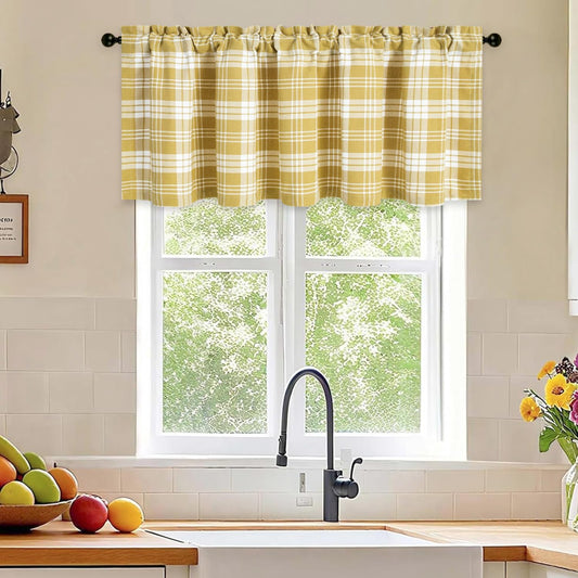 VOGOL Yellow Buffalo Check Jacquard Kitchen Valance, 52 x 18, 1 Panel | Jacquard Weave, Light Filtering Privacy, Easy to Hang, Curtain Valance for Kitchen, Bathroom and Small Windows